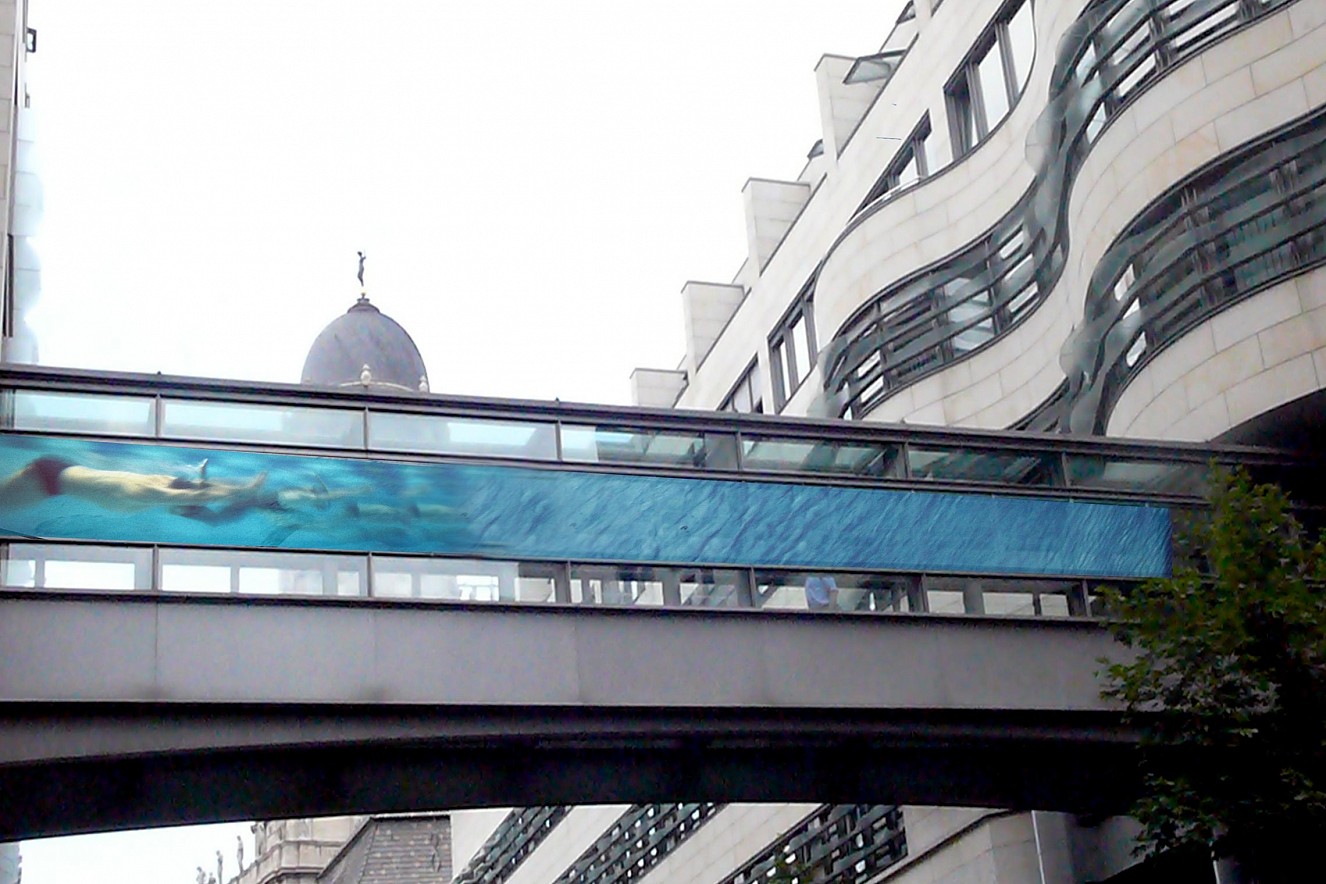 Swarm- Swimmer  
photos on glasswindows, outdoor Bridge  
ca. 28 qm, Passage Berliner Wasserbetriebe